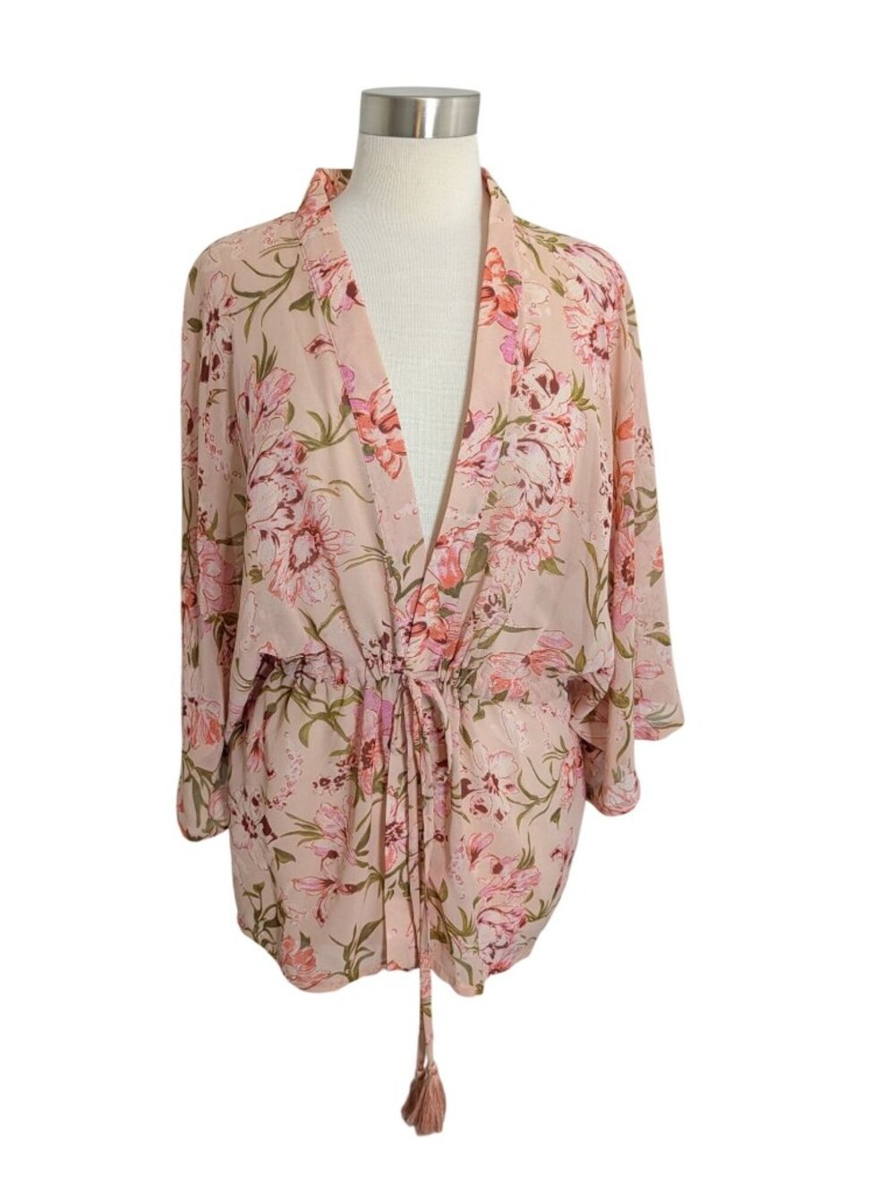 Floral Kimono Cardigan With Tassel Tie Waist By David & Young Lightweight Pink C - Picture 6 of 11